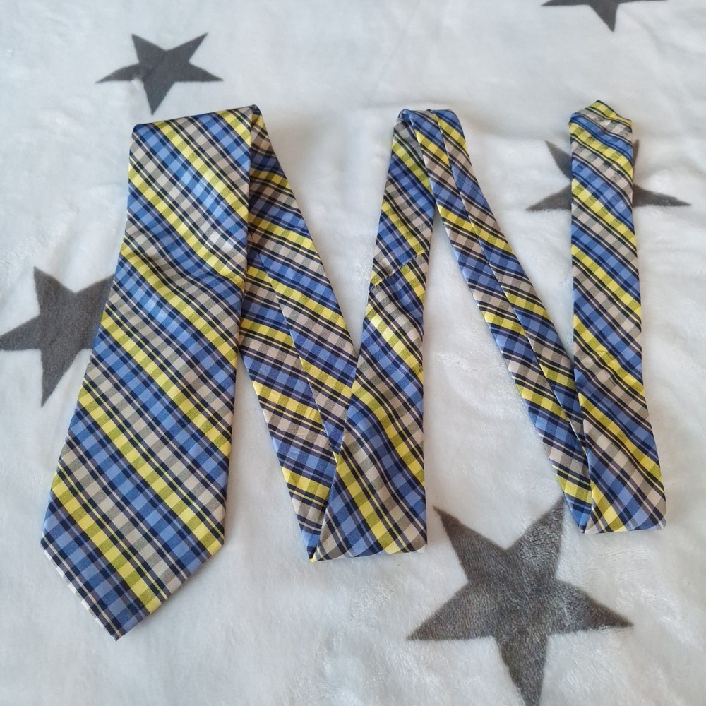 Chaps Mens Necktie Blue and‎ Yellow Plaid 100% Silk Designer Tie Handmade